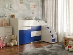 Кровать чердак Школьник с столом синий